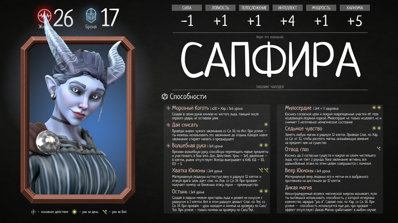 Первая карточка способностей Сапфиры