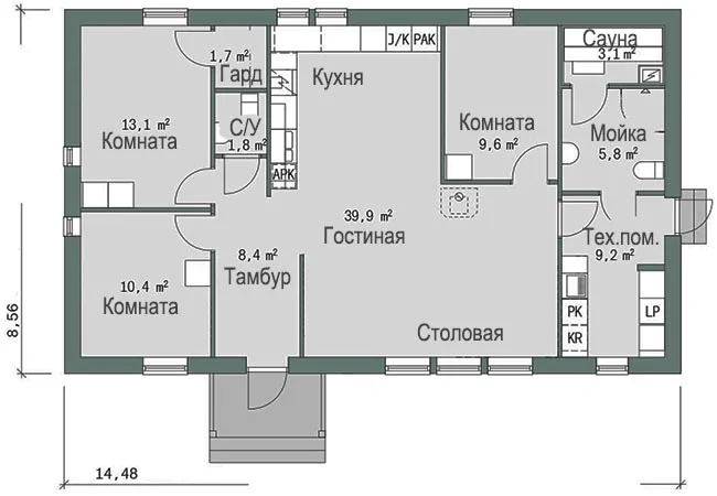 Проект дома одноэтажный с 3 спальнями и сауной