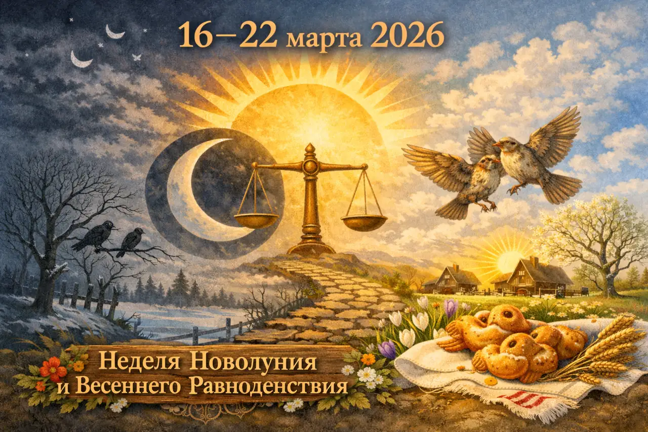 Неделя Новолуния и Весеннего Равноденствия, 16–22 марта 2026: переход от зимы к весне, солнце, месяц, весы, птицы и обрядовые жаворонки
