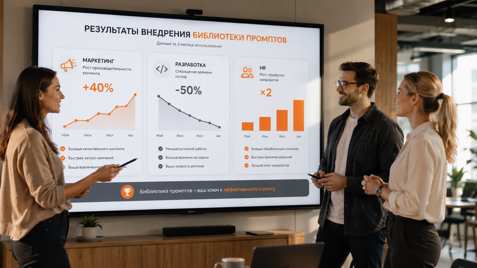 Инфографика с тремя кейсами: маркетинг, разработка, HR — показатели эффективности до и после внедрения библиотеки, серо-оранжевые графики роста