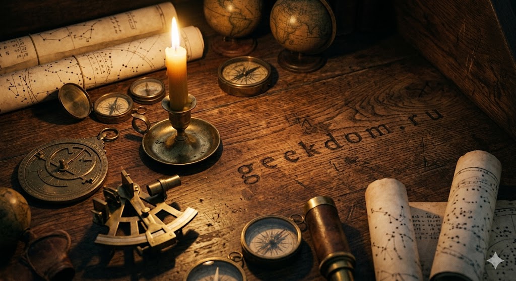 Международный день астрологии старинный деревянный стол с астрономическими приборами.