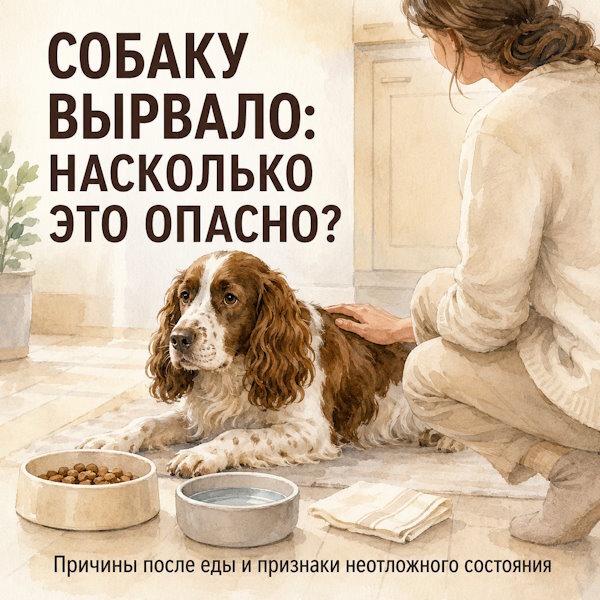 Коричнево-белый спаниель лежит возле мисок с кормом и водой пока владелец наблюдает за его состоянием после рвоты