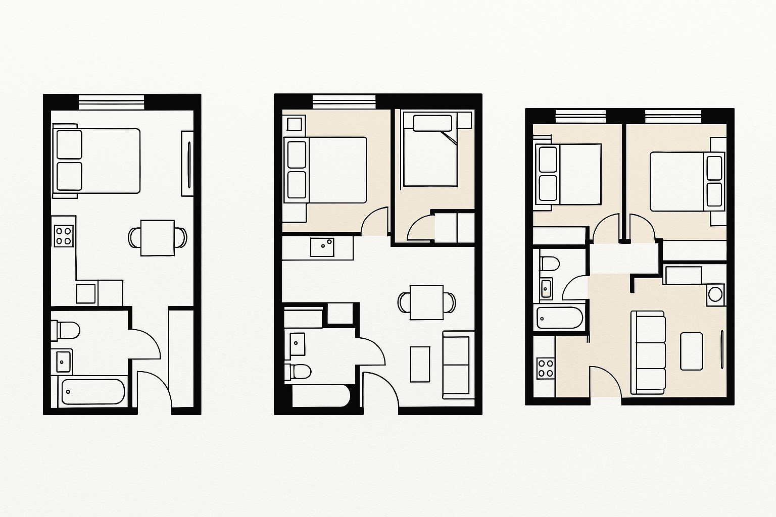 Коллаж из трёх планировок: студия, однокомнатная и компактная двухкомнатная квартира с зонированием