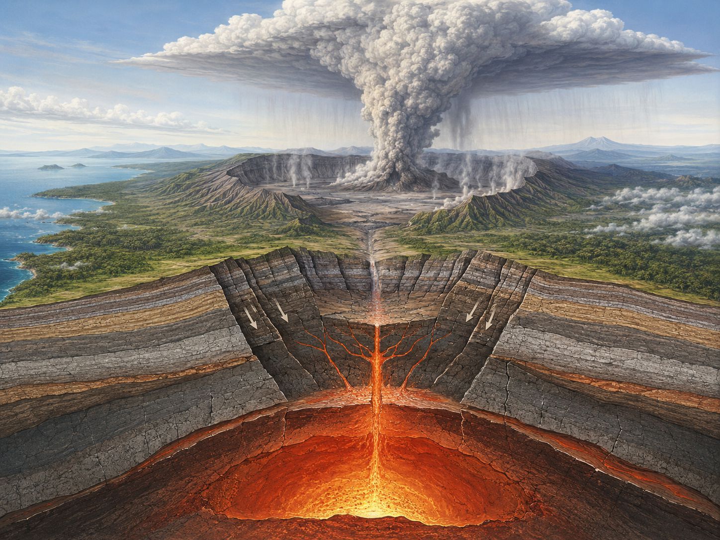 Ilustrasi skala letusan purba Toba dan pembentukan kaldera Danau Toba