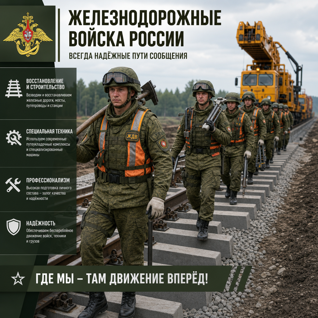 Колонна военнослужащих железнодорожных войск России в рабочей форме движется вдоль восстанавливаемого железнодорожного полотна — бойцы несут инструменты и оборудование, на заднем плане видна путеукладочная техника