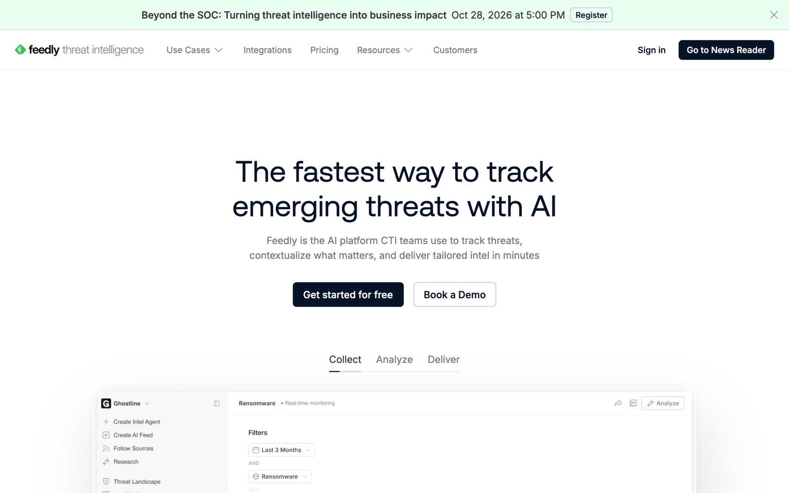 Feedly homepage screenshot: AI news and intelligence platform