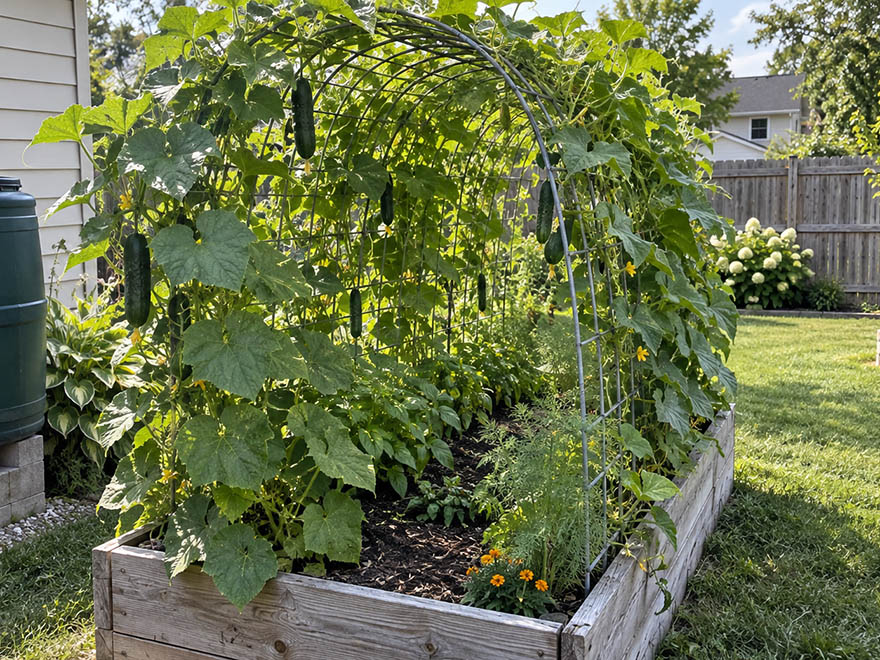 Homemade cattle panel arch trellis over a raised bed, a cheap DIY garden trellis idea