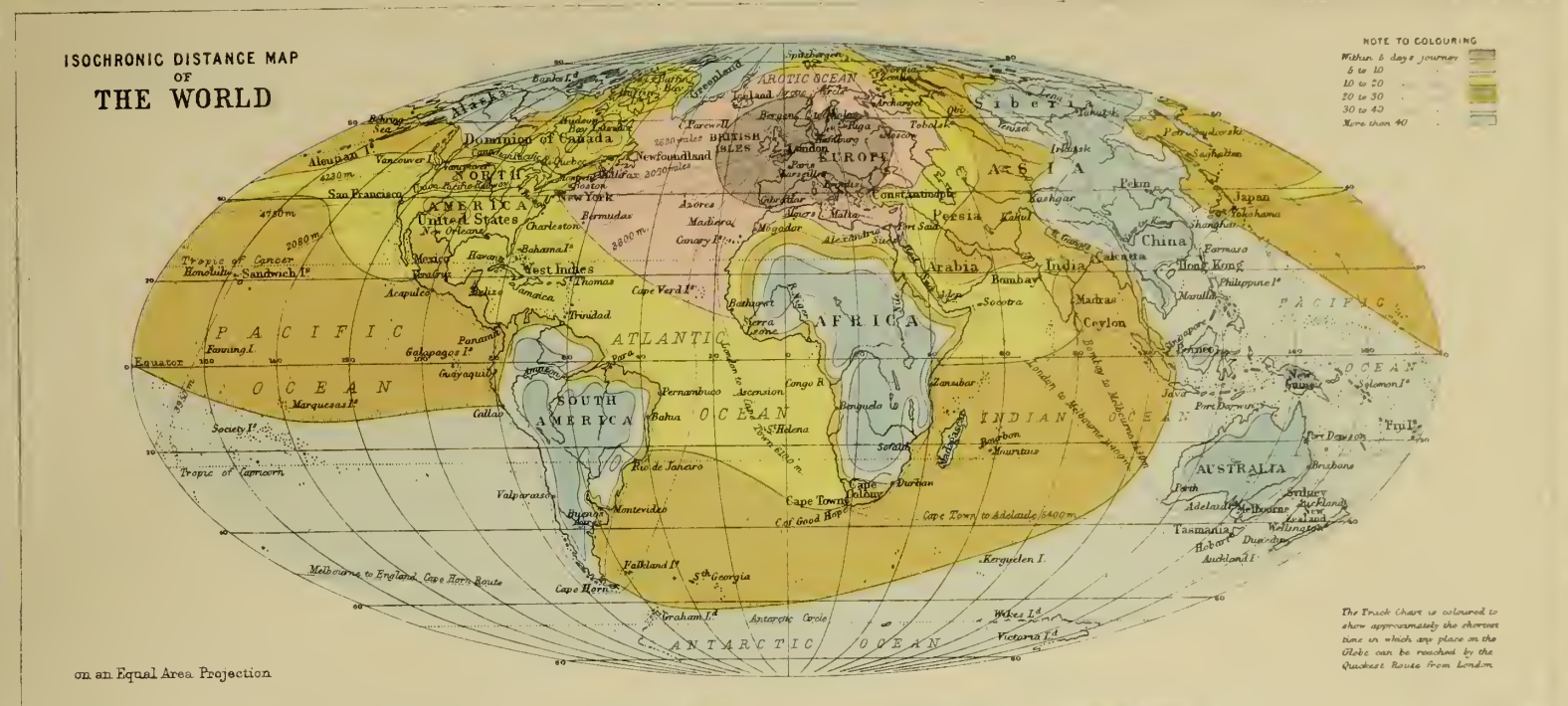 A map showing travel times from London, from J.G. Bartholomew's 1889 