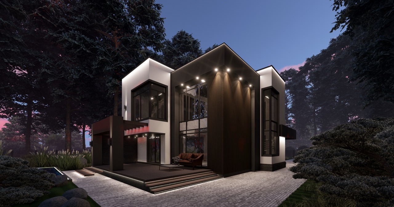 Проект современного двухэтажного дома в стиле хай-тек с плоской крышей и панорамным остеклением от компании Алга Строй в Казани.