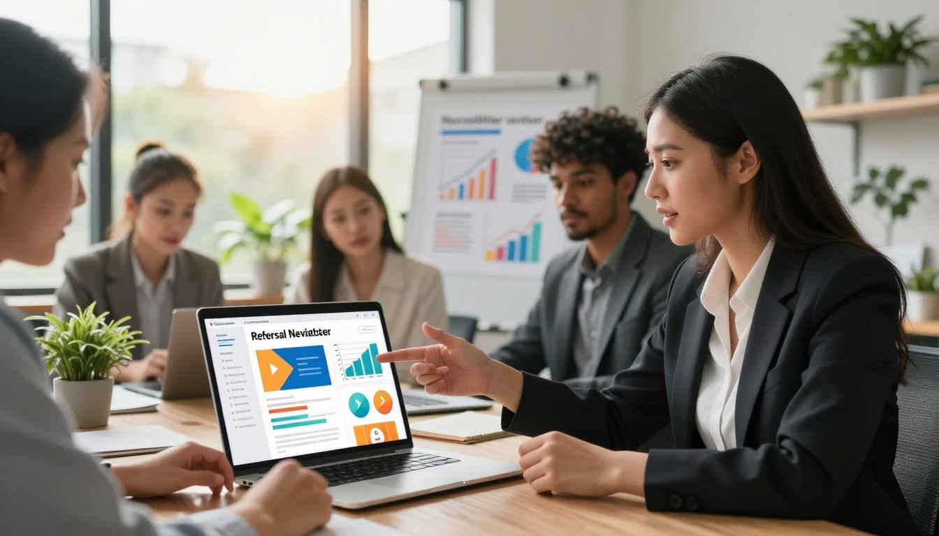 Profesional explicando un programa de referidos newsletter.