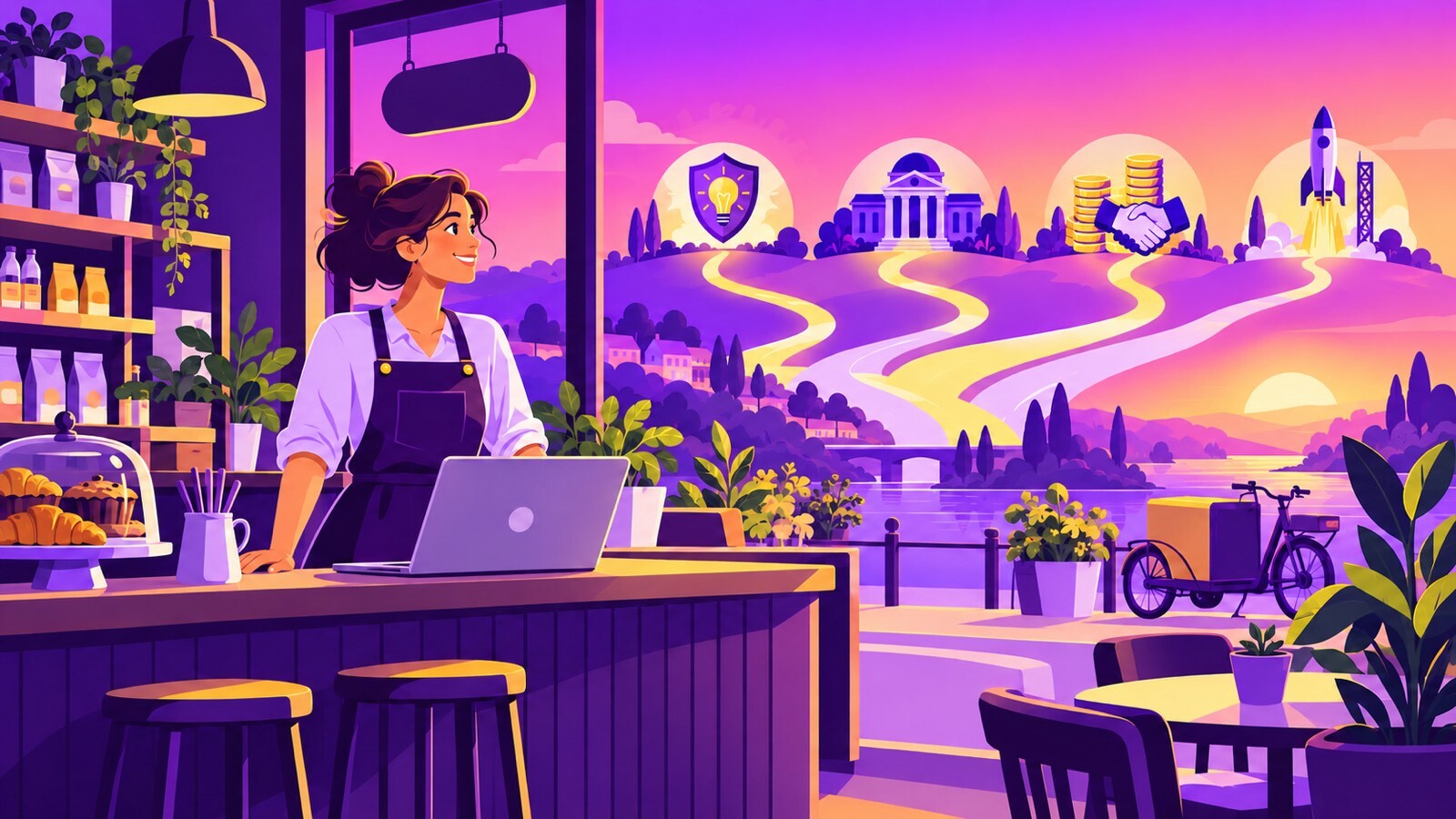 EU grants for small businesses illustration: a small café owner looking at four paths to IP protection, a regional authority, a bank loan and an innovation grant
