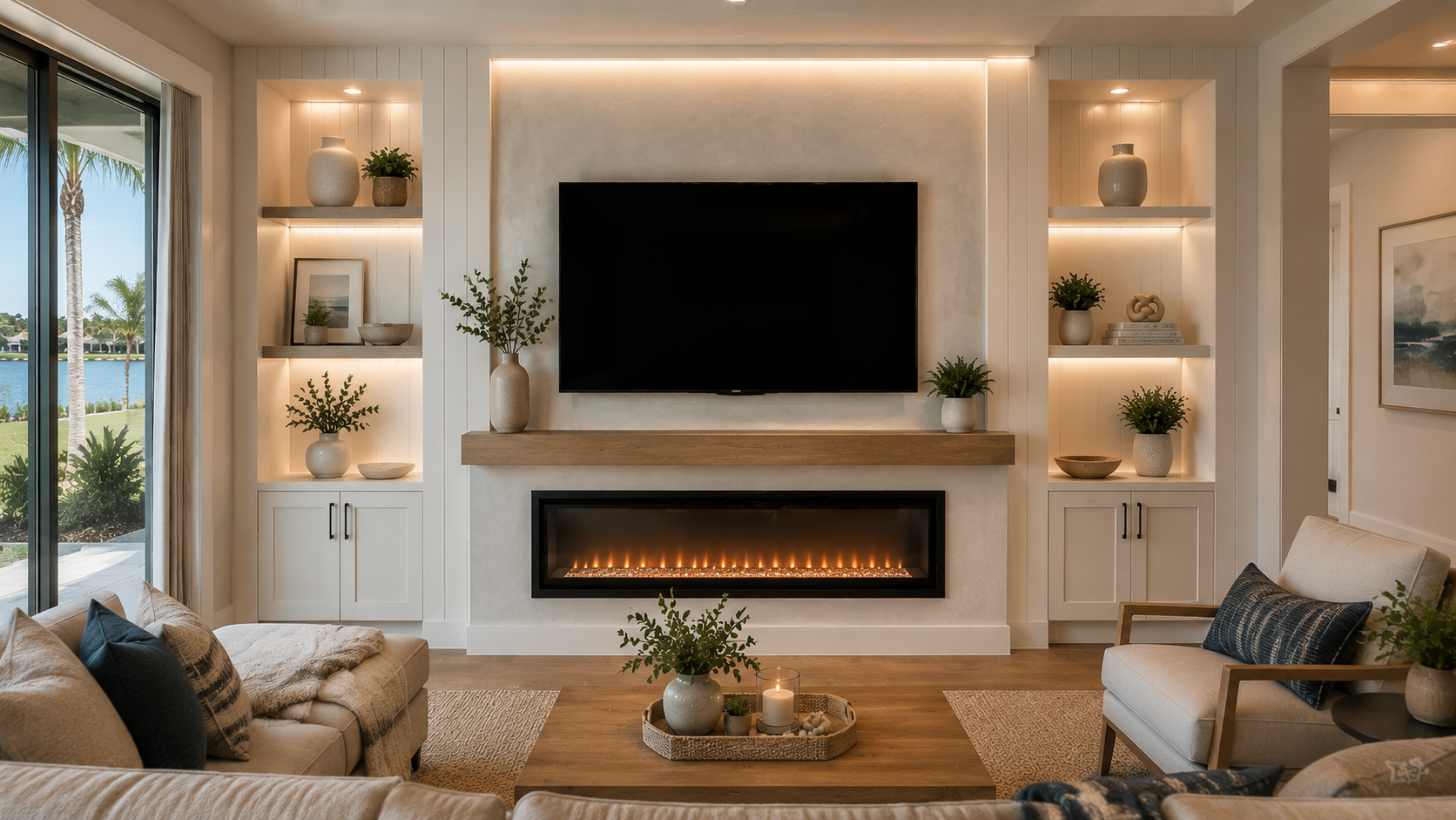 Custom fireplace media wall with mounted TV, linear electric fireplace, floating wood mantel, illuminated niches, and built-in cabinets.