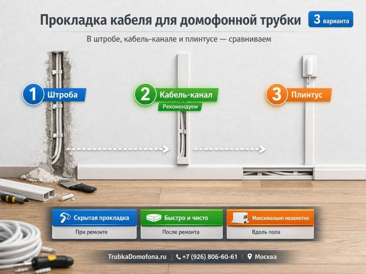 Прокладка кабеля для домофонной трубки: в штробе кабель-канале и плинтусе