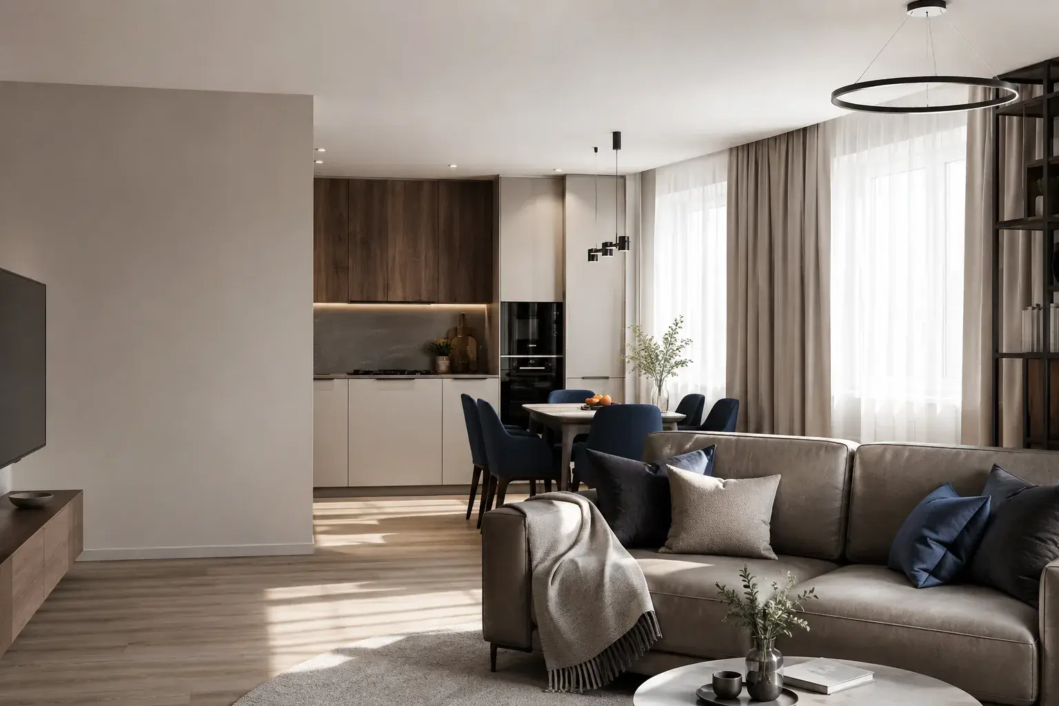 Современная кухня-гостиная в дизайн-проекте квартиры 43 м² на Красноармейском проспекте в Туле от студии STRUKTURA