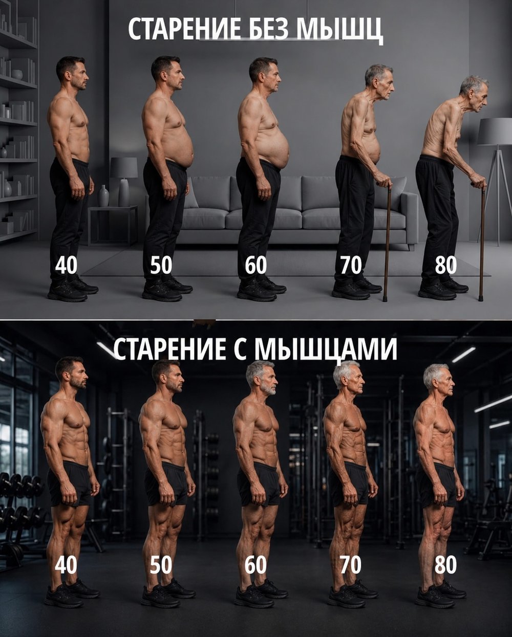 Сравнение: как выглядит старение мужчины без мышц и с мышцами, от 40 до 80 лет