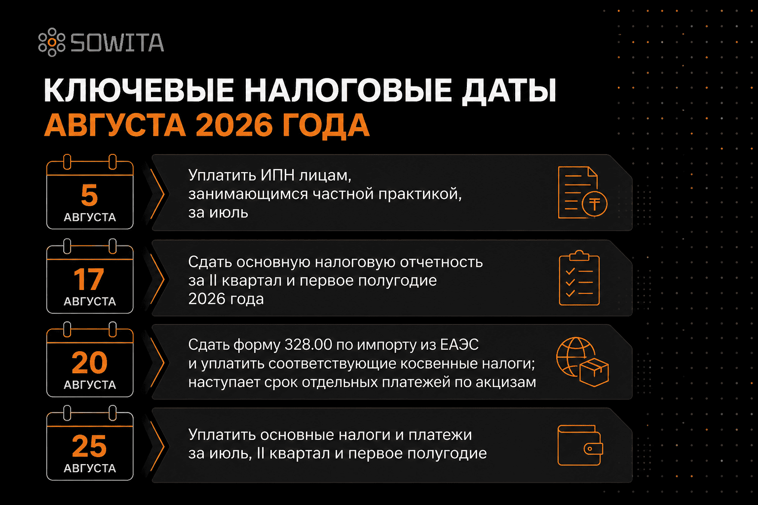Ключевые налоговые даты августа 2026 года в Казахстане