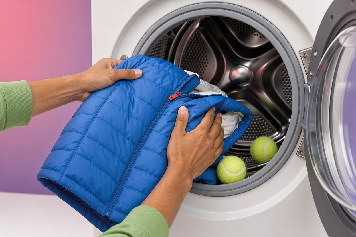 Person loading a padded jacket into a front-loading washing machine drum with two tennis balls visible inside, close-up on hands and jacket, no visible brands or logos