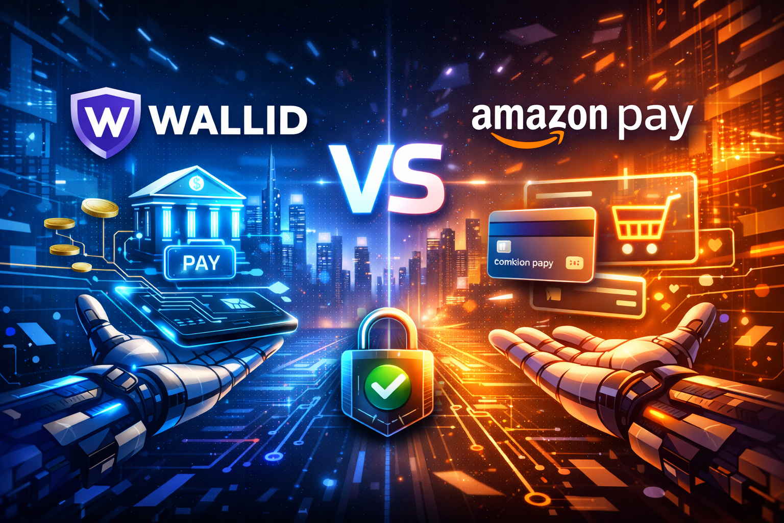 Futuristic illustration comparing Wallid pay-by-bank and Amazon Pay wallet gateway models, showing direct bank payments versus card-based wallet processing in WooCommerce checkout.