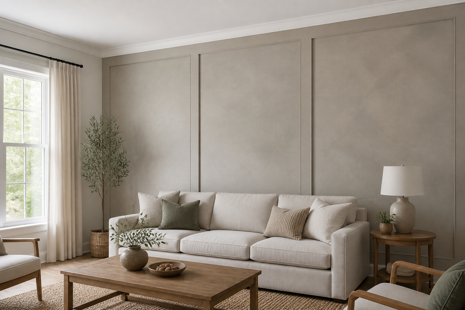 Warm greige living room accent wall combining large-scale decorative trim panels with a subtle limewash finish