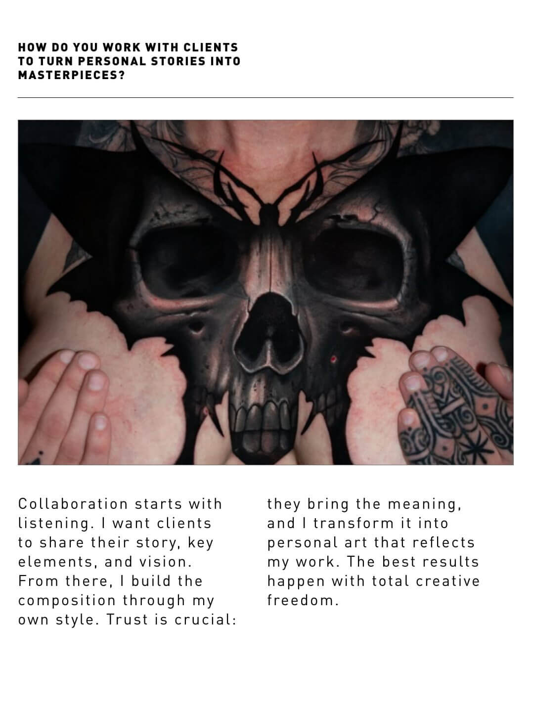 From Tomsk to Los Angeles: Rinat Mingazdinov in Conversation with Cheyenne Tattoo Equipment, large realistic skull back tattoo designed by Rinat Mingazdinov through a personalized collaboration with his client 506