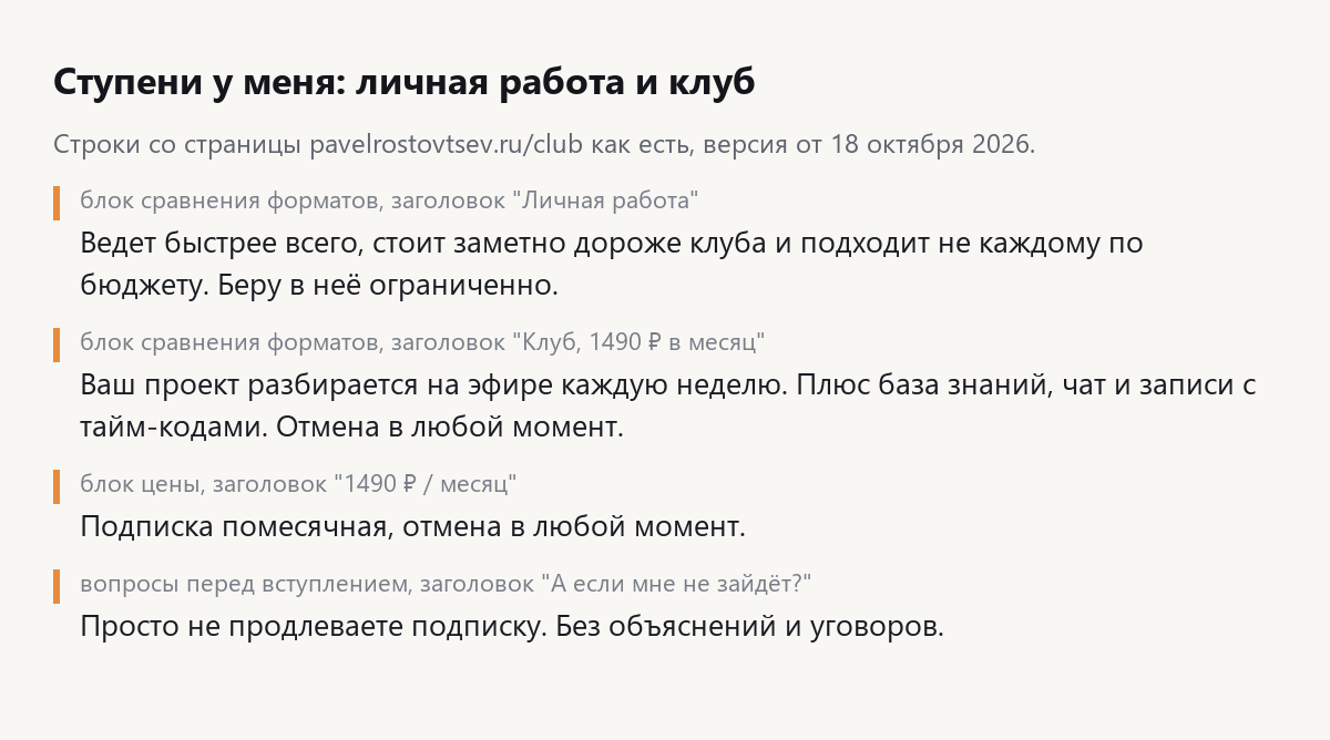 Скрин строк со страницы клуба: личная работа дороже клуба, клуб 1490 рублей в месяц, подписка помесячная, отмена в любой момент