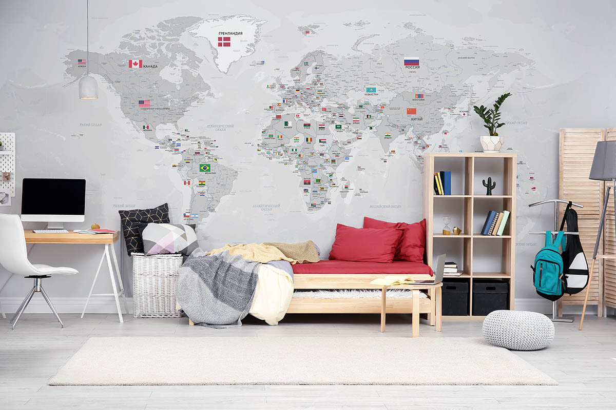 Фотообои карта мира c флагами всех государств на русском | Интернет-магазин  дизайнерских обоев Dress-wall