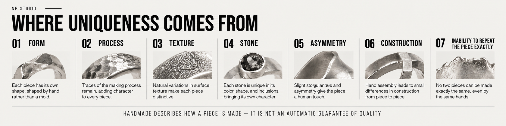 Where uniqueness in an artist-made ring can come from: form, process, texture, stone, asymmetry, construction and inability to repeat it exactly