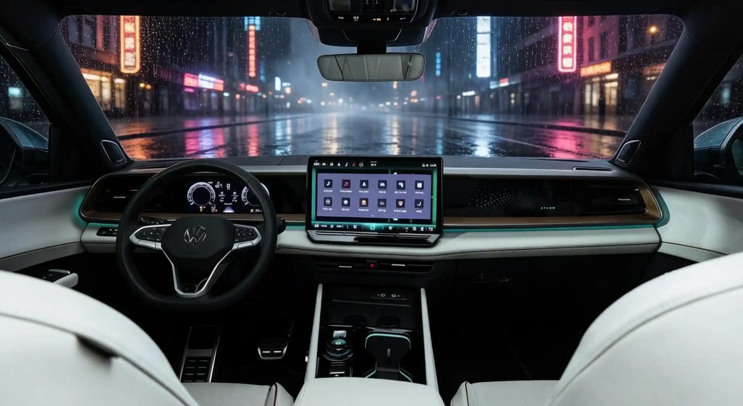 Интерьер Volkswagen Atlas нового поколения: цифровая приборная панель, сенсорный экран мультимедиа, кожаный руль и отделка салона искусственной кожей с деревянными вставками, вид на переднюю панель в ночном городе.