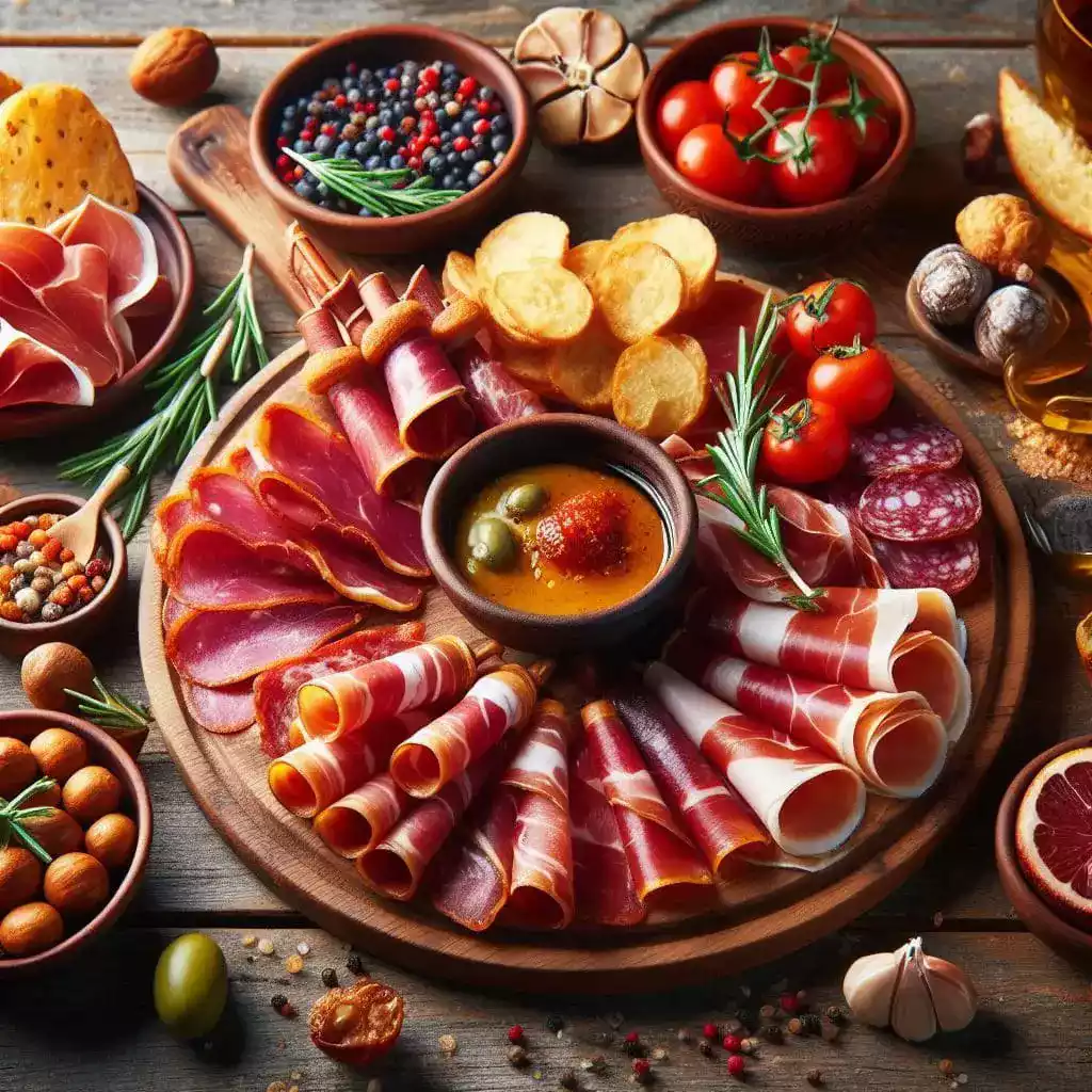 An exquisite assortment of Spanish jamón, carefully arranged on a wooden platter, showcasing the authentic flavors and culinary craftsmanship Estepona is renowned for.