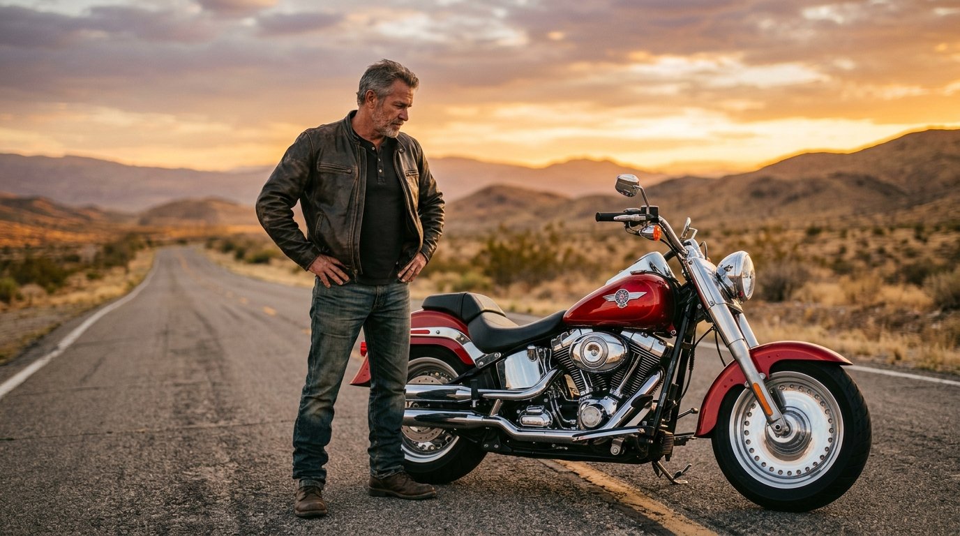 Мужчина средних лет стоит рядом с красным мотоциклом на закате — иллюстрация импульсивных покупок в период кризиса среднего возраста