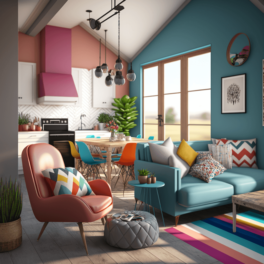 A vibrant, colorful rendering of a lively, open-concept living space, created with Enscape