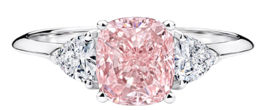 Кольца с выращенным розовым бриллиантом огранки кушон и двумя боковыми бриллиантами, кольцо трилогия