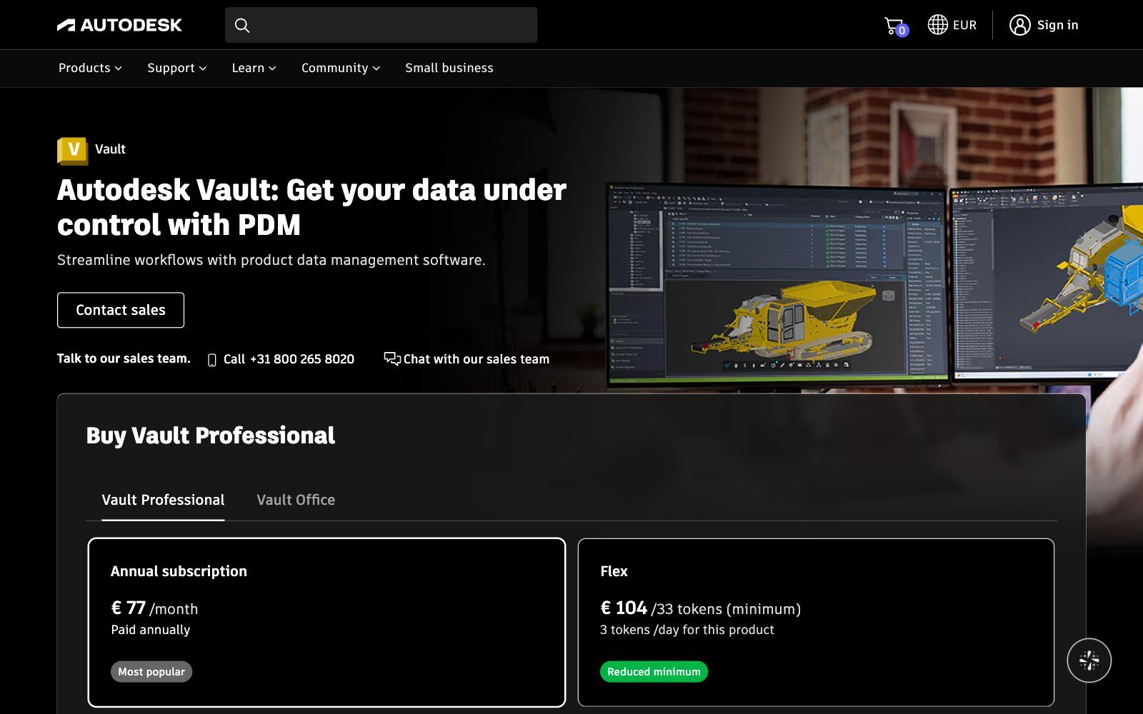 Screenshot of the Autodesk Vault product page with the headline Get your data under control with PDM, screens showing Vault next to a 3D machine model, and subscription options for Vault Professional