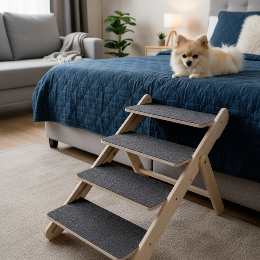 Шпиц на кровати в спальне у лесенки