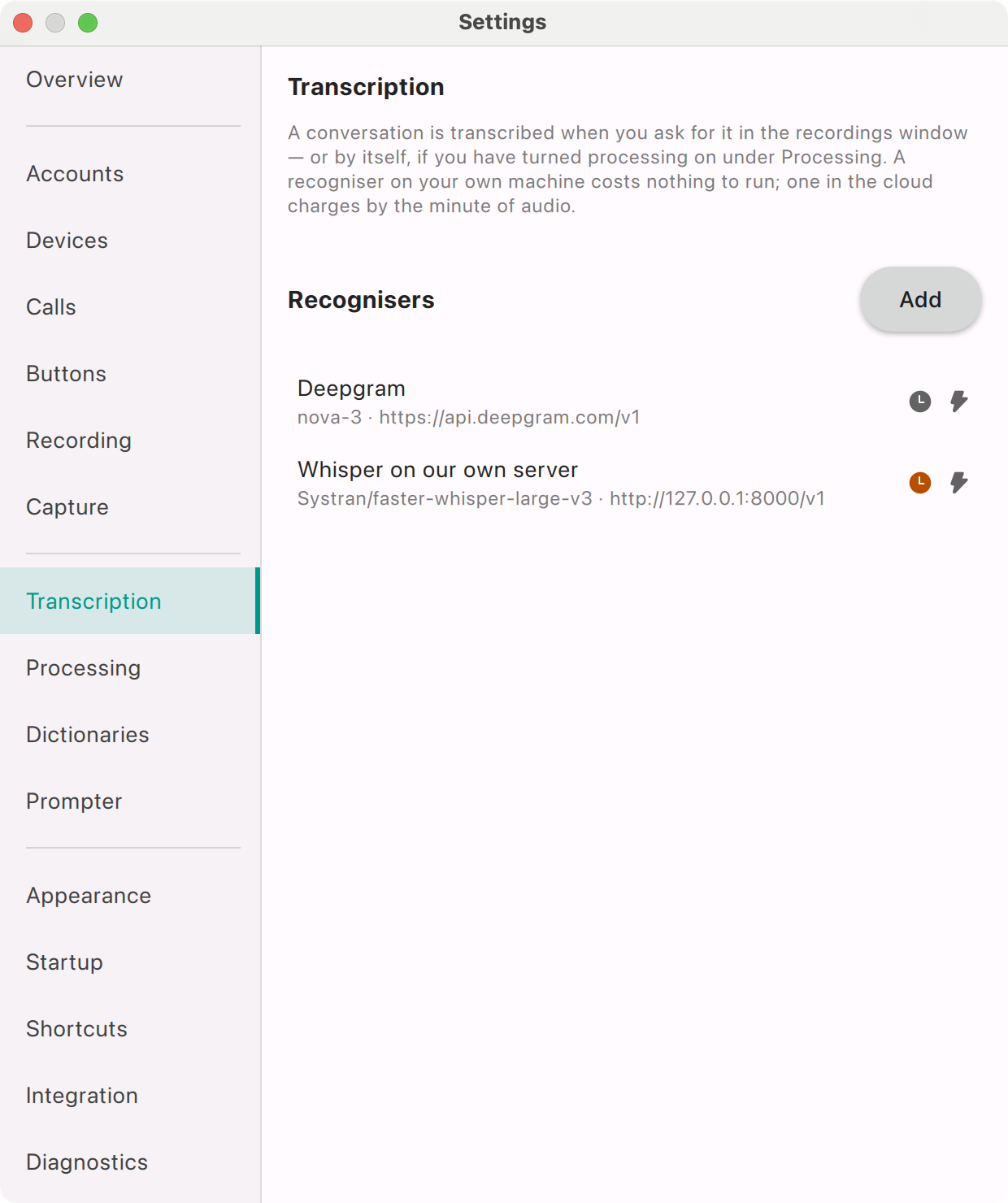 AI Softphone — Select a local recogniser or a cloud transcription service.