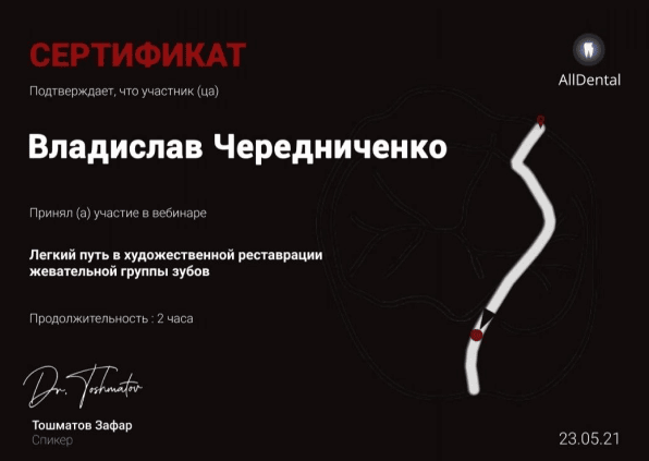 Сертификат Чередниченко Владислава Витальевича, принял участие в вебинаре легкий путь в художественной реставрации жевательной группы зубов 