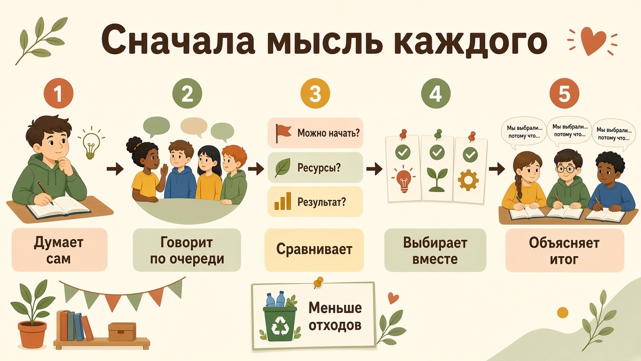 Пять шагов: думает сам, говорит по очереди, сравнивает, выбирает вместе, объясняет итог
