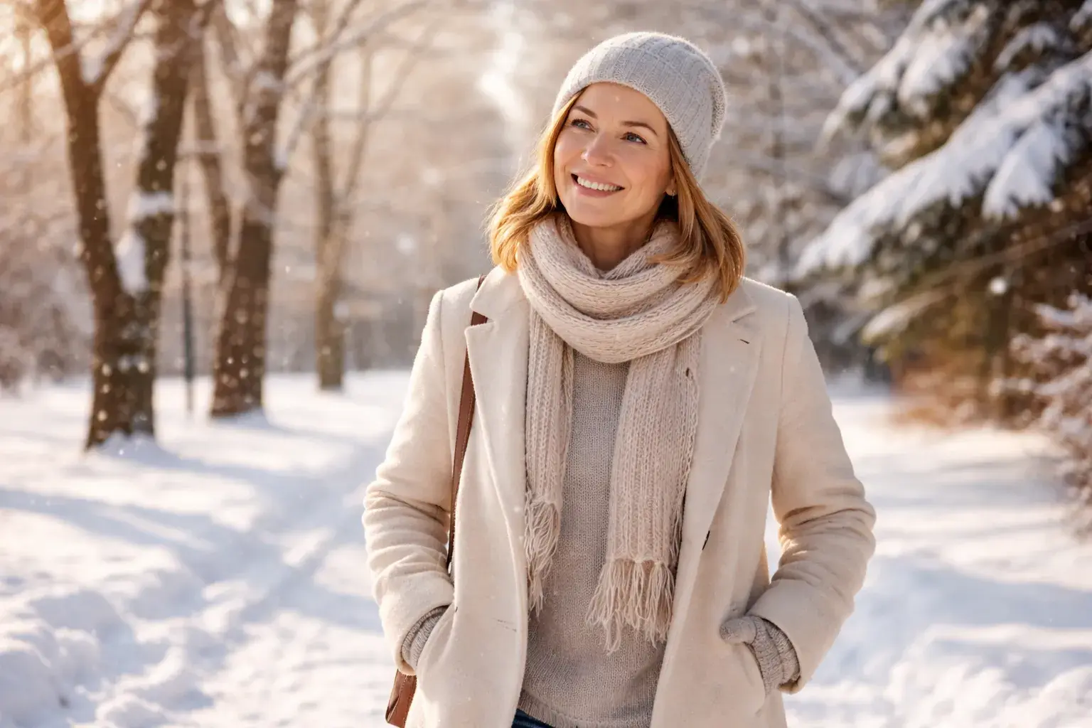 Счастливая женщина среднего возраста на прогулке