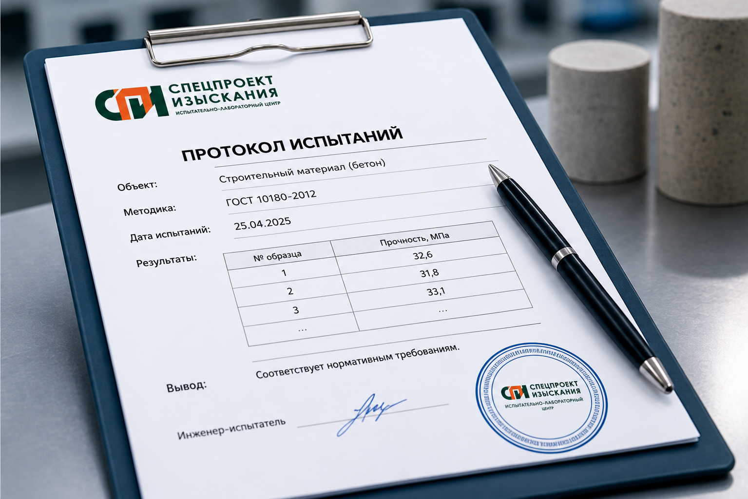 Официальный протокол испытаний с печатью