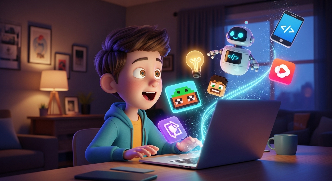 Увлеченный ребенок-программист показывает, что делают в IT: он пишет код на ноутбуке, и его идеи — игры, роботы и приложения — оживают вокруг в виде ярких иконок.