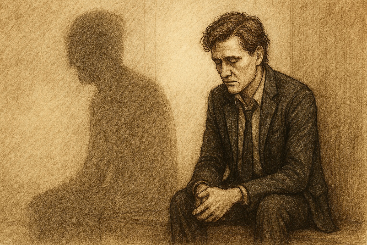 Мужчина-психолог, сидящий в одиночестве, рядом — его тень. Символ эмоционального выгорания и самоотчуждения