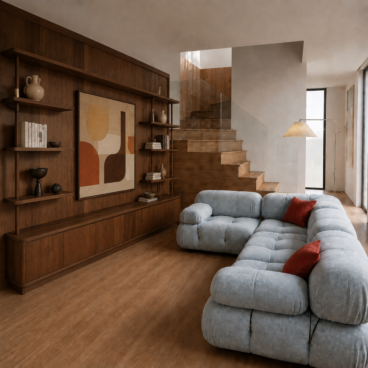 Living room with timber staircase, bespoke shelving and modular sofa