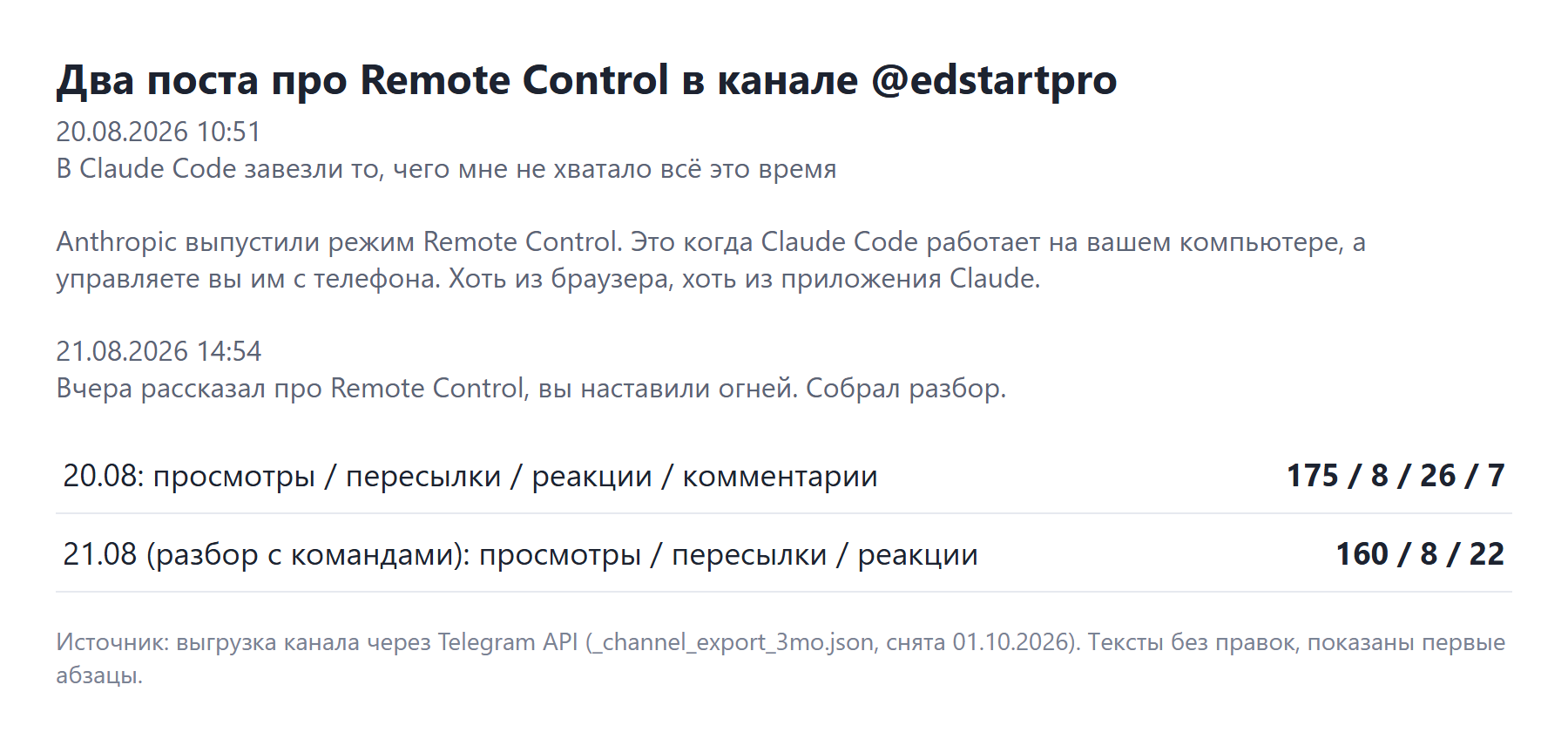 Два поста про Remote Control в моём канале, 20 и 21 августа 2026