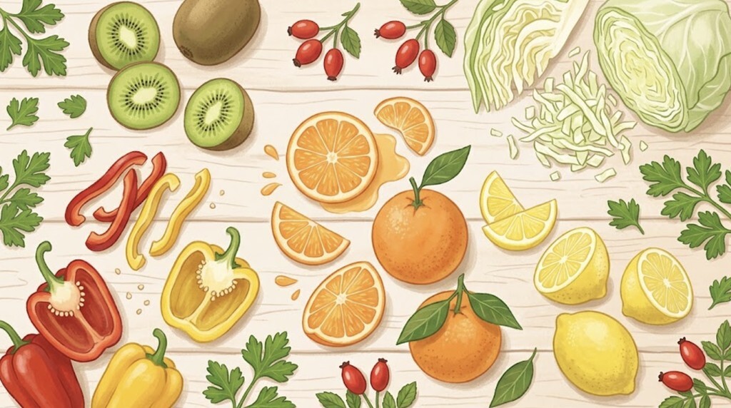 Продукты, богатые витамином C: перец, киви, цитрусовые, капуста, шиповник