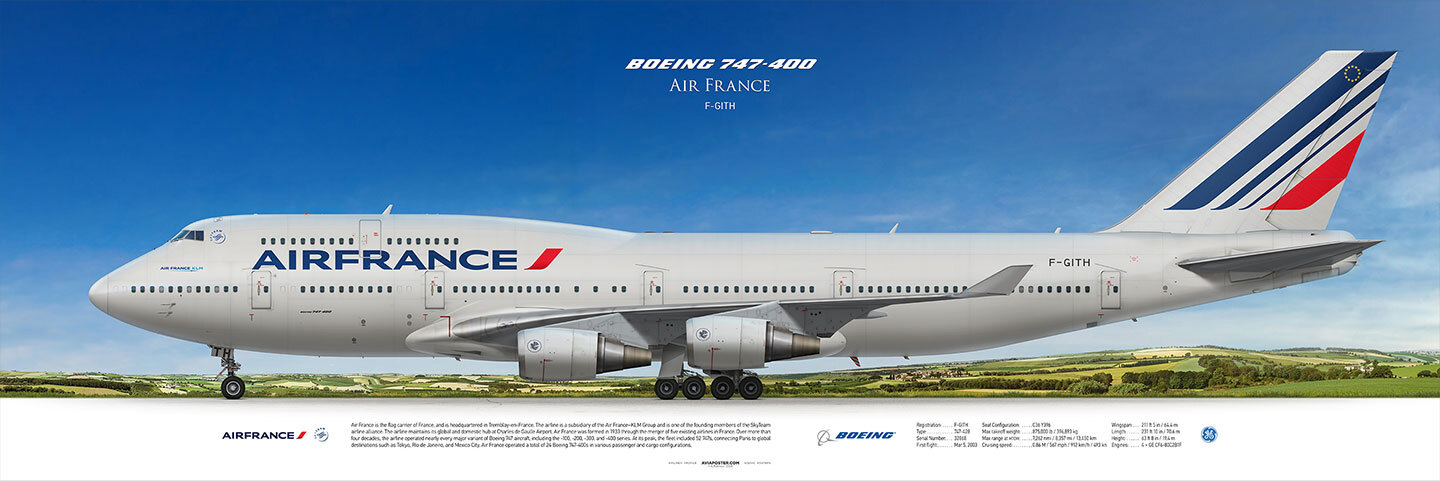Profile of an Air France Boeing 747-400 aircraft on a landscape background. Aviaposter