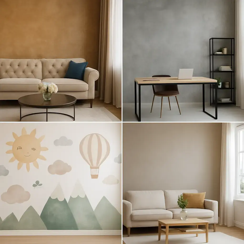 Galería de estilos de pintura de paredes 2025: estuco veneciano, efecto hormigón, mural infantil y pintura ecológica en interiores modernos