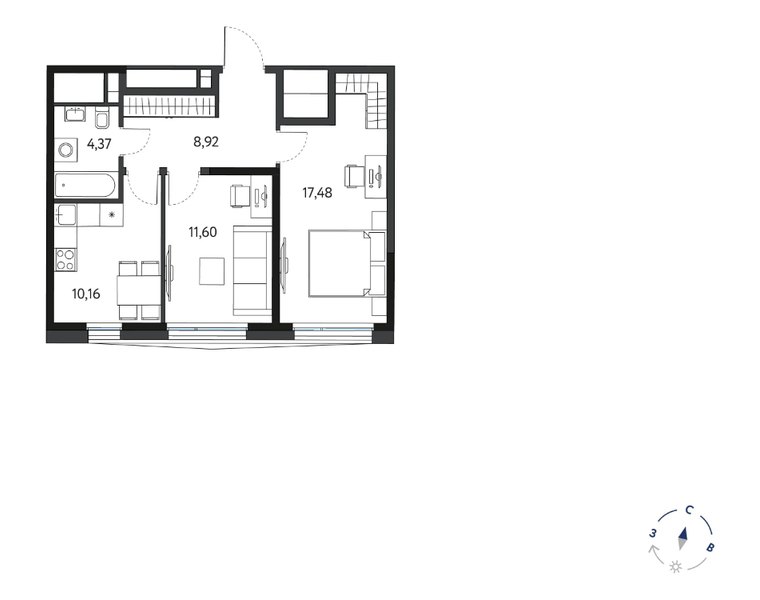 Планировка 2-комнатной квартиры 52,53 м² в ЖК «Кинетик»: 16-й этаж