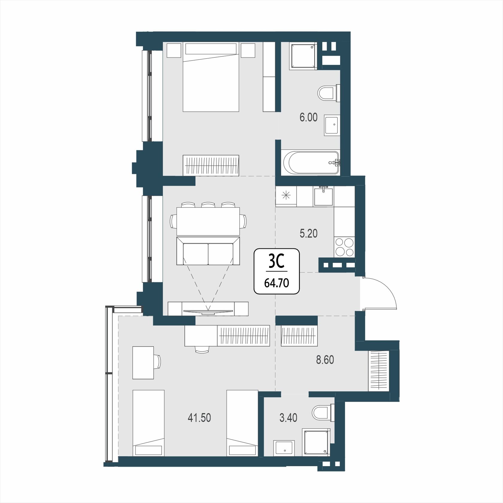 Планировка: 3-комнатная квартира-студия, 64,7 м²