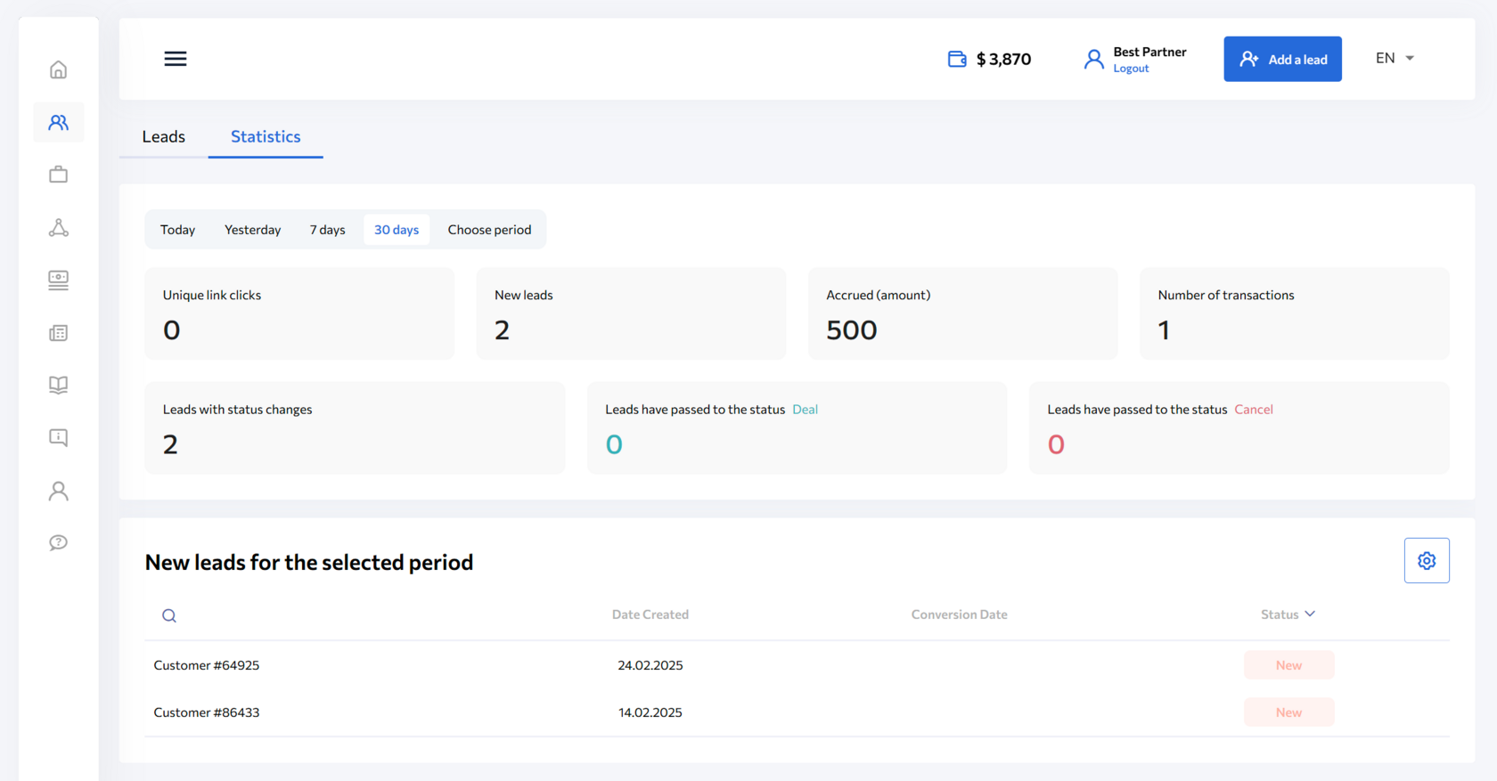 регистрация партнера и управление его профилем