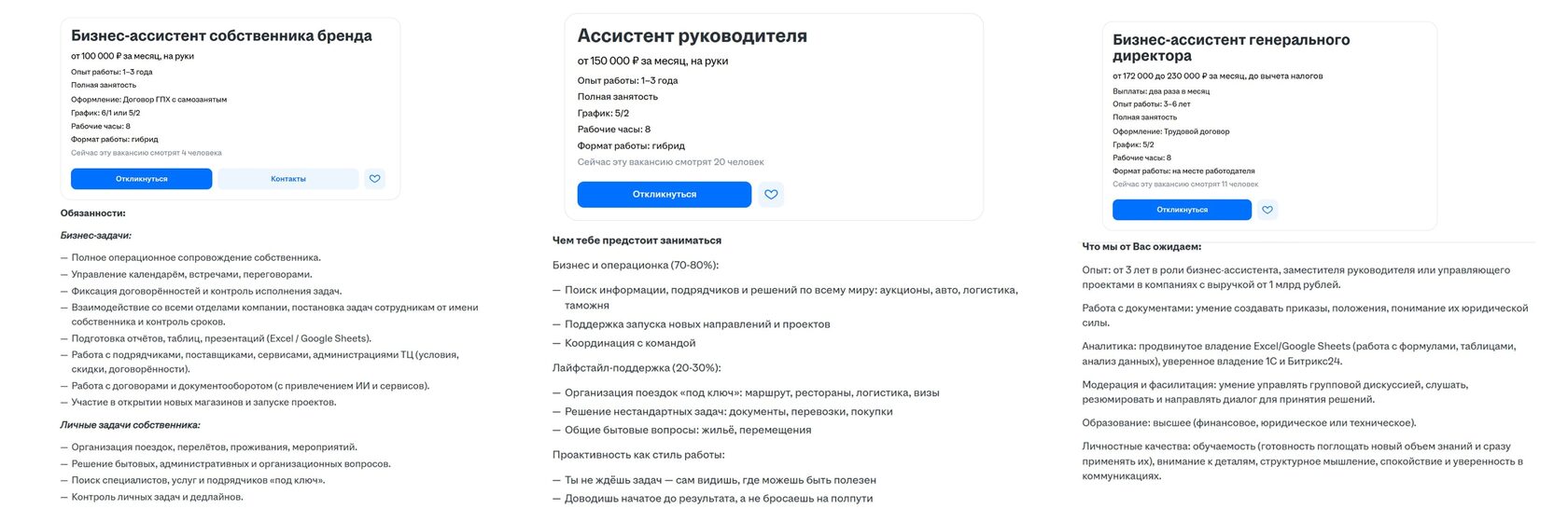 Примеры вакансий на профессию бизнес-ассистент 2026 год